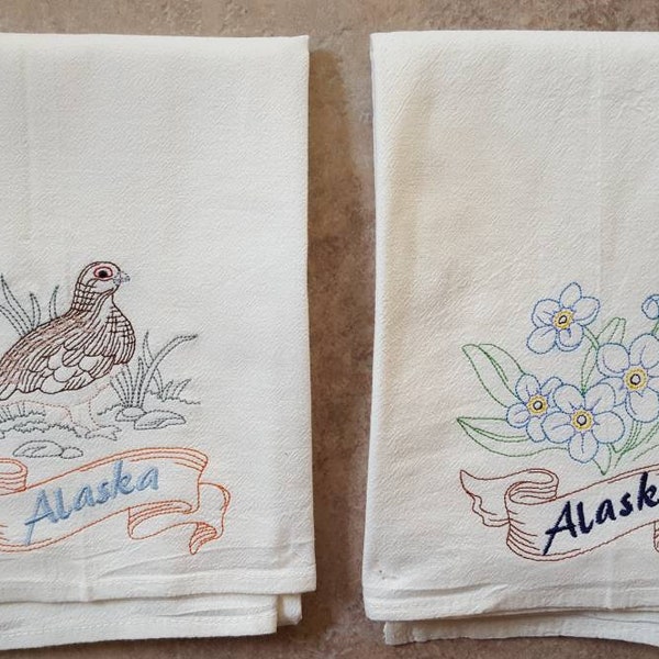 Alaska State Bird Willow Ptarmigan OR State Flower Forget-Me-Not Machine Embroidered Flour Sack Dish Towel