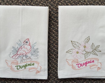 Virginia State Bird Cardinal OR State Flower Dogwood Machine Embroidered Flour Sack Dish Towels