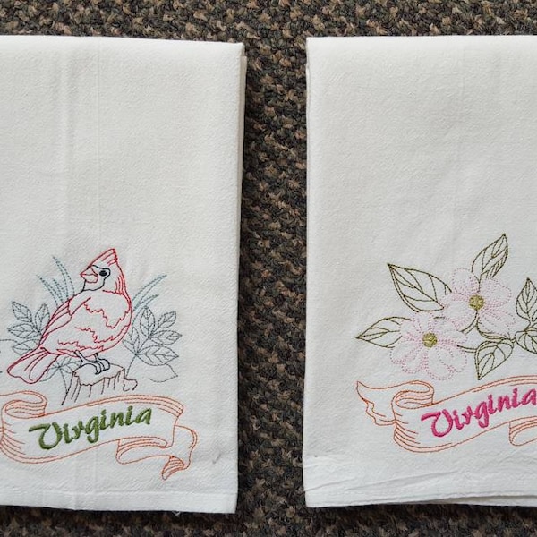 Virginia State Bird Cardinal OR State Flower Dogwood Machine Embroidered Flour Sack Dish Towels