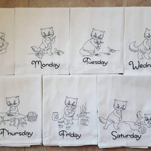 Black Cats Days of the Week Machine Embroidered Flour Sack Dish Towels