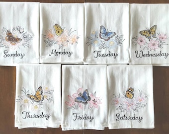 Butterflies and Blooms Days of the Week Machine Embroidered Flour Sack Dish Towels