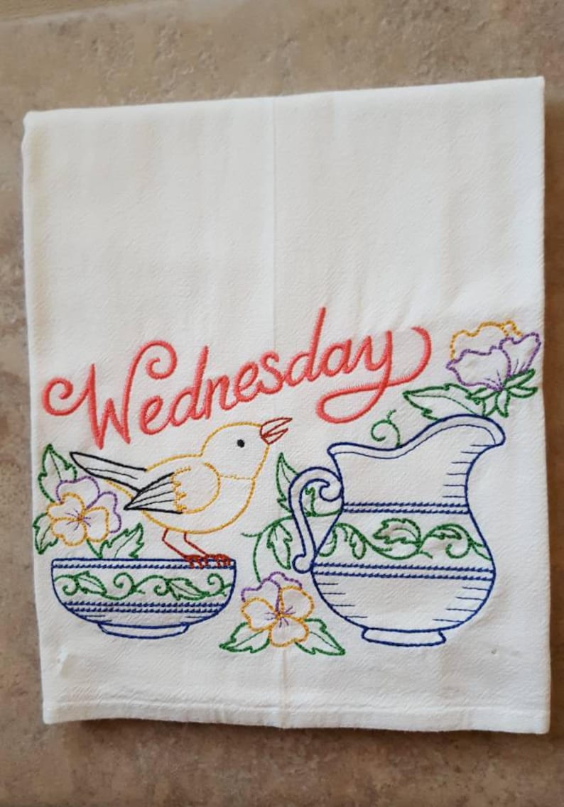 Tea Time Days of the Week Embroidered Flour Sack Dish Towels Etsy