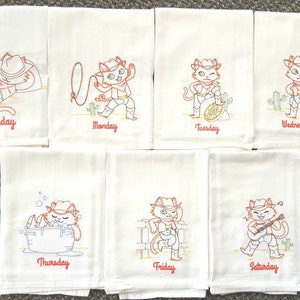 Cowboy Cats Days of the Week Machine Embroidered Flour Sack Dish Towels