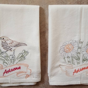Arizona State Cactus Wren OR State Flower Saguaro Cactus Blossom Machine Embroidered Flour Sack Dish Towel