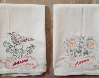 Arizona State Cactus Wren OR State Flower Saguaro Cactus Blossom Machine Embroidered Flour Sack Dish Towel