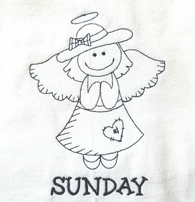 Pode incluir: Desenho de anjo bordado com aur&eacute;ola, chap&eacute;u e cora&ccedil;&atilde;o em fundo branco. A palavra "SUNDAY" est&aacute; bordada abaixo. A imagem &eacute; uma ilustra&ccedil;&atilde;o simples, em estilo de linha.