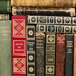 May include: A collection of antique books with various colors and designs. Titles include "Moliere Comedies", "Wuthering Heights", "A Tale of Two Cities", and "Christmas Carol". The books are stacked together, showcasing their aged covers and gold lettering.