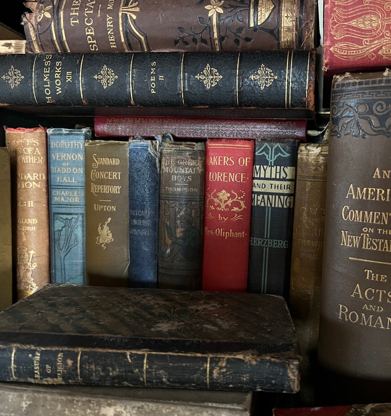 May include: A collection of vintage hardcover books with various titles and authors. The books are arranged vertically on a shelf, with the spines facing outward. The books are in various colors, including brown, blue, red, and black. The titles of the books include "The Great Mountain Boys", "Makers of Florence", "Myths and Their Meaning", and "An American Commentary on the New Testament".