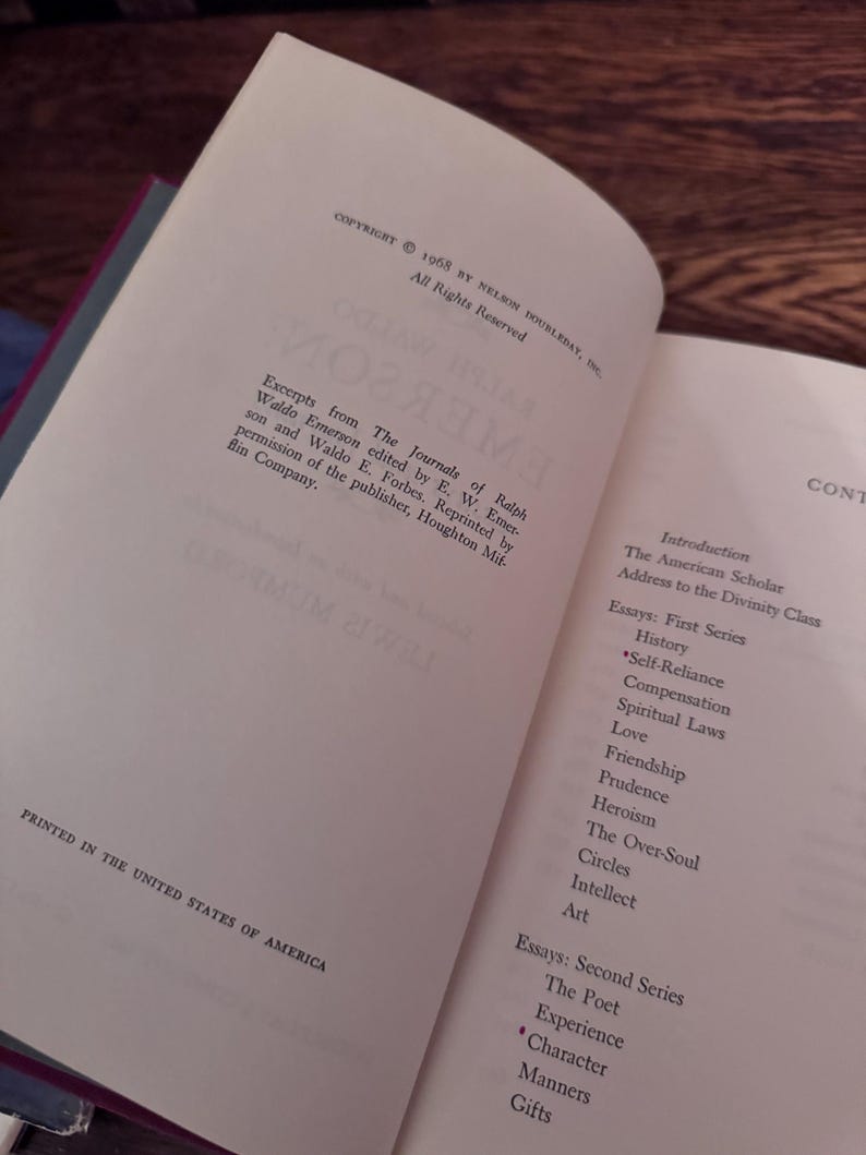 May include: Open book with text from Ralph Waldo Emerson's journals. The page shows the copyright information, table of contents, and excerpts. The book is printed in the United States of America.