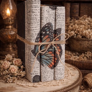 Estantería vintage con diseño de mariposas – Decoración rústica de libros – Libros forrados en tela con estampado de periódico – Estantería rústica – Bodas estilo cottagecore