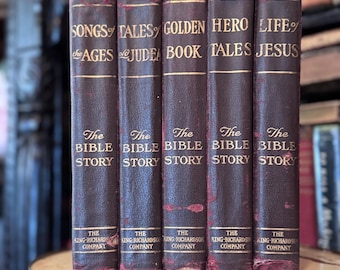 Set of 5 The Bible Story Beautiful Leather Vintage Antique Book Set Collection Leather Bound