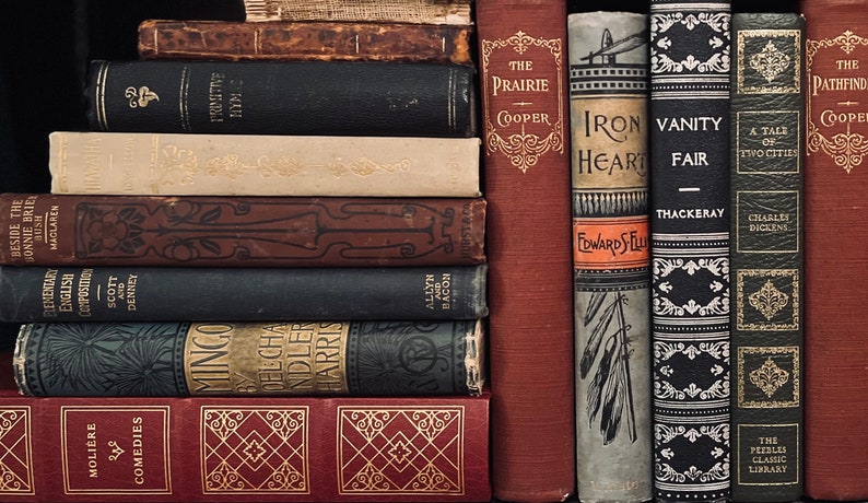 May include: A collection of antique books with various titles and colors. The spines display titles like "The Prairie," "Iron Heart," and "Vanity Fair." The books are arranged in a stack, showcasing their aged covers and decorative details.