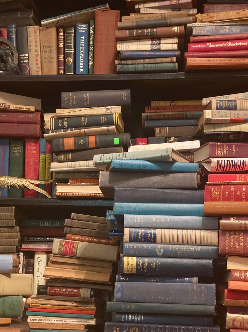 May include: A bookshelf filled with a variety of books, many with colorful spines. The books are stacked in a haphazard manner, creating a sense of chaos and disarray. Some of the titles visible include "The Secret of Santa Vittoria", "House Divided", "The Explorer", "Daybreak", "The Shoes of the Fisherman", and "The Outline of History".