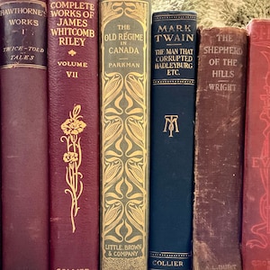 May include: A collection of antique books with various titles and colors. The spines display titles like "Hawthorne's Works," "Mark Twain," and "The Old Regime in Canada." The books have decorative gold and embossed lettering.