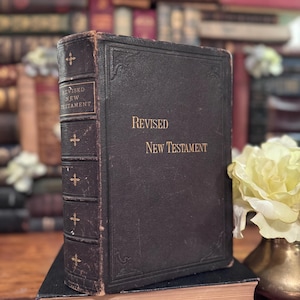Herzien nieuwe testament 1881 antieke bijbel leergebonden geïllustreerd christelijk boek Victoriaanse King James-editie William T Amies