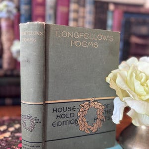 Longfellow Poems Book Antique 1800s | Green Decorative Poetry Book | Vintage Poetry Gift | Household Edition | Literary Decor
