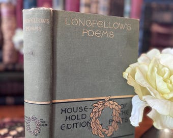 Longfellow Poems Book Antique 1800s | Green Decorative Poetry Book | Vintage Poetry Gift | Household Edition | Literary Decor