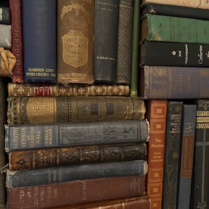 May include: A bookshelf filled with vintage hardcover books. The books are arranged in a vertical stack, with the spines facing outward. The books are mostly brown, blue, and green, with gold lettering. Some of the titles include "Mark Twain Illustrated", "Master Pieces of the World's Best Literature", "The Alaskan", and "St. George for England".