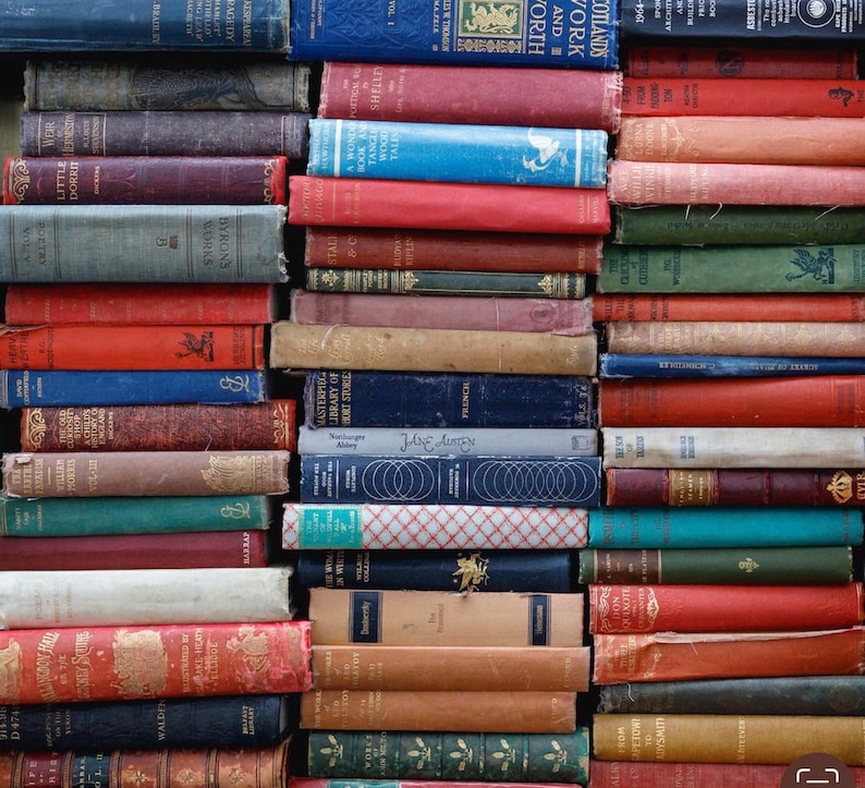 May include: A close-up of a bookshelf filled with various books, many with colorful spines and titles visible. The books are arranged in rows, creating a visually appealing pattern.