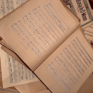 May include: A stack of vintage sheet music with the title "Don't Care" visible on the top sheet. The music is printed on cream-colored paper with black ink.