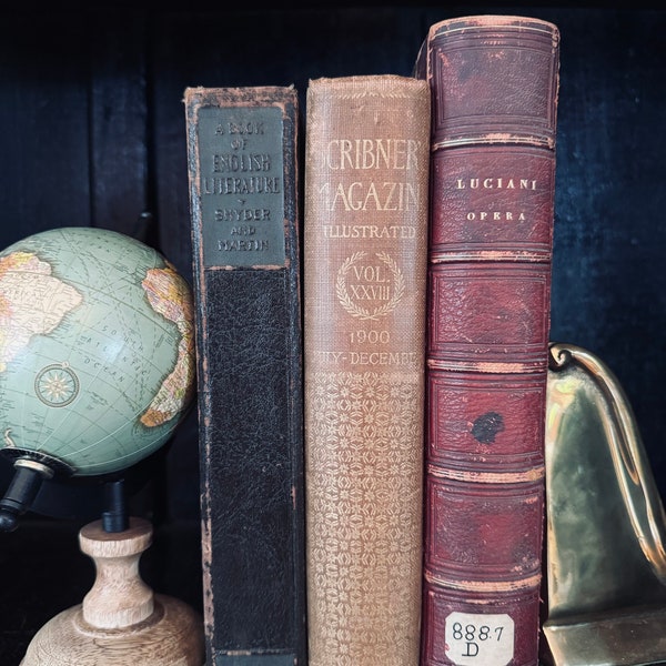 Set of 3 Antique Leather Bound Books Gold Embossed Library Staging Wedding Centerpieces Bookish Old Collectible Wedding Decor Bookshelf