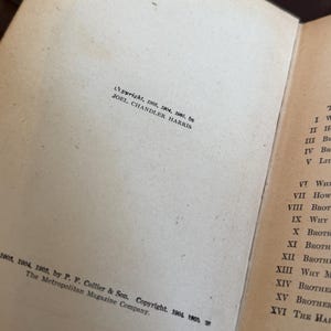 May include: Open book pages with text. The left page has copyright information for Joel Chandler Harris, 1905, 1904, and 1905. The right page has a table of contents with Roman numerals and titles.