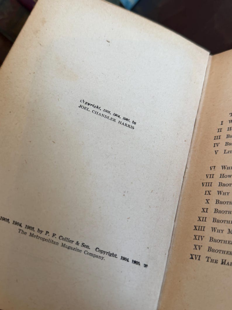 May include: Open book pages with text. The left page has copyright information for Joel Chandler Harris, 1905, 1904, and 1905. The right page has a table of contents with Roman numerals and titles.