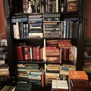 May include: A black wooden bookshelf filled with books. The shelves are stacked high with books of various sizes and colors. There are also a few decorative items on the shelves, including a pineapple, a vase, and a plant.