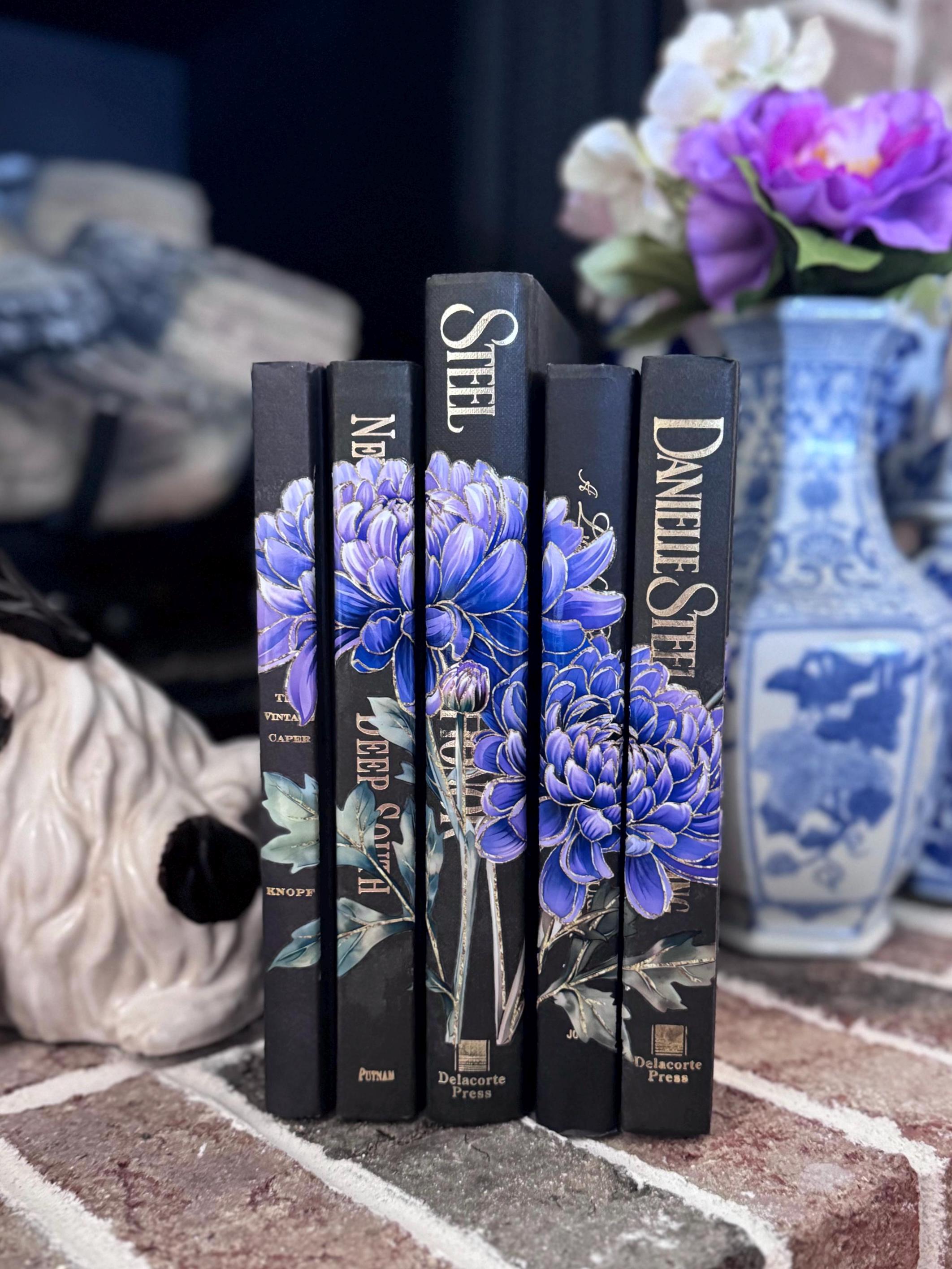 Set of 5 Black Book Stack with Purple Floral Spines Decorative Hardcover Bundle for Shelf Styling Dark Academia Cottagecore Decor