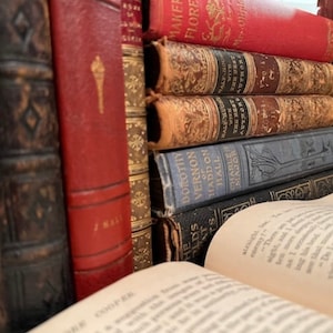 May include: A collection of antique books with various colors and textures. The spines are visible, showcasing titles and decorative elements. Some books are red, brown, and blue, with gold lettering and embossed designs. An open book is in the foreground.