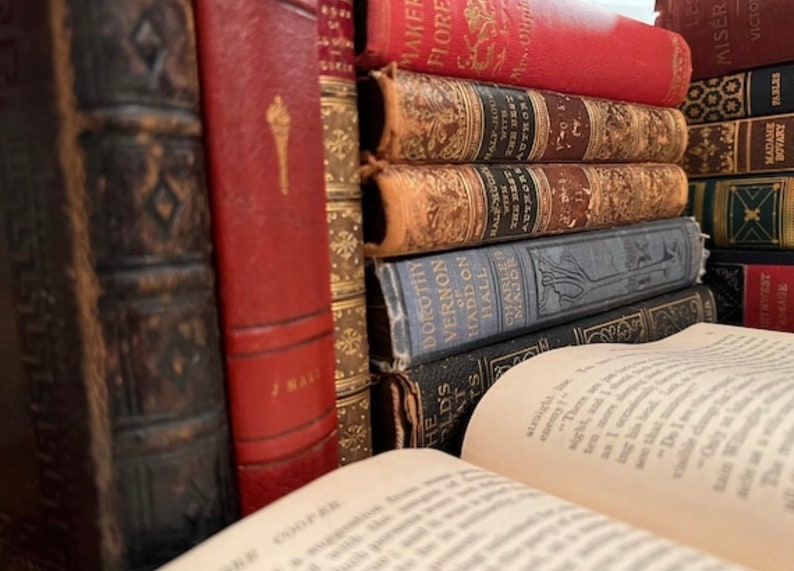 May include: A collection of antique books with various colors and textures. The spines are visible, showcasing titles and decorative elements. Some books are red, brown, and blue, with gold lettering and embossed designs. An open book is in the foreground.