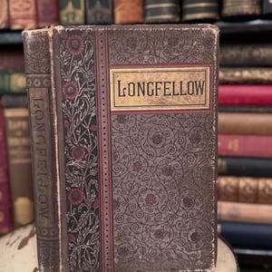 Longfellow Poetry Classic Antique Book Twarda oprawa Złote tłoczone dekoracyjne grzbiety Książki ślubne Inscenizacja Dzieła poetyckie Prawa autorskie 1891