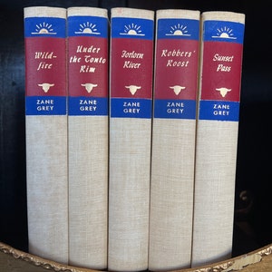 5er Set Antike Western Bücher Zane Grau Seltene Set Alte Bücher Cowboys Pferde Geschenke für Ihn Bücherregal Bibliothek Haus Bauernhaus Vatertag