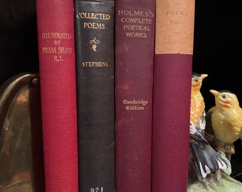 Set of 4 Poetry Books Antique and Vintage Books Red Decorative Books Staging Old Books Pretty Book decor Art Rare Collection Authentic Books