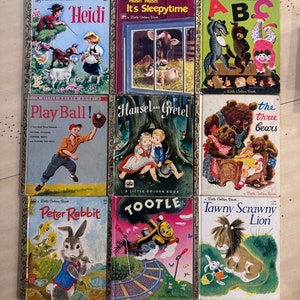 Set of 9 Vintage Little Golden Books Fairytales Rare Collectible Children&#39;s Bookshelf