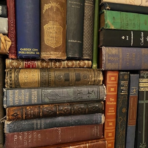 May include: A bookshelf filled with vintage hardcover books. The books are arranged in stacks and have various colors, including brown, blue, green, and red. Some of the books have titles visible, such as "Mark Twain Illustrated", "The Alaskan", and "St. George for England".