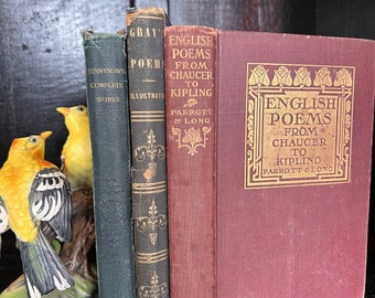 Set of 3 Antique Books Poetry Classic Literature Hardcover Gold Embossed Decorative Spines Wedding books Staging Tennysons Poetical Works