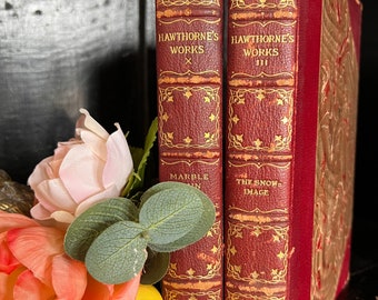 Set of 2 Antique 1900 Books Leather Bound Hardcover Books Decor Romance Staging Library Decor Embossed Classics Literature Old Books Gold