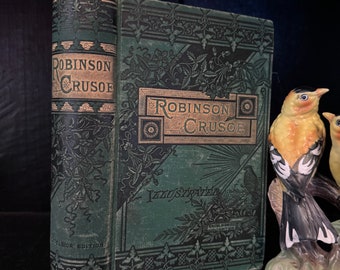 Antiek boek Robinson Crusoe door Daniel DeFoe reliëf groen boek decoratieve wervelkolom klassieke literatuur