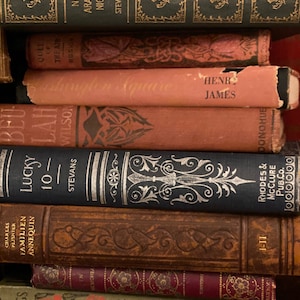 May include: A stack of vintage hardcover books with various titles and authors. The books are arranged in a vertical stack, with the top book being a red hardcover with the title "Henry James". The books are all in good condition and have a worn, aged look.