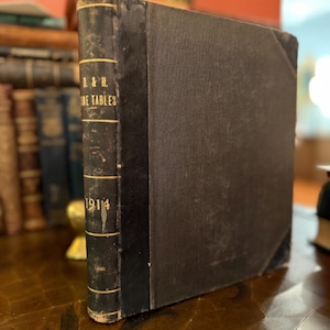 Pode incluir: Um livro antigo com capa e lombada escuras. A lombada tem letras douradas que dizem "D. & H. TIME TABLES" e o ano "1914". O livro está em pé sobre uma superfície de madeira, com outros livros visíveis ao fundo.