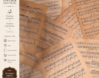 May include: A collection of 55 pieces of vintage sheet music with aged, tan-coloured paper and black musical notation. The text on the left side reads 55 PIECES OF VINTAGE SHEET MUSIC, Timeless melodies, Endless inspiration, and 55 UNIQUE SHEETS.