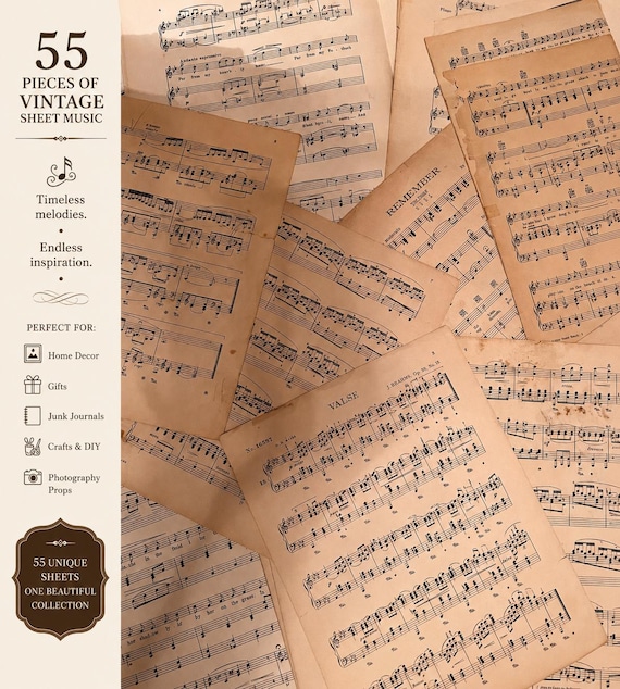 Antique Sheet Music Pages (55 pieces) Vintage Piano Music | Old Paper for Crafts, Wedding Decor, Scrapbooking, Junk Journals