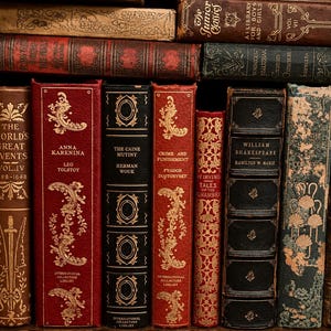 May include: A collection of antique books with various colors and designs. The spines display titles like "Anna Karenina" and "William Shakespeare." The books are arranged vertically, showcasing their aged covers and ornate details.