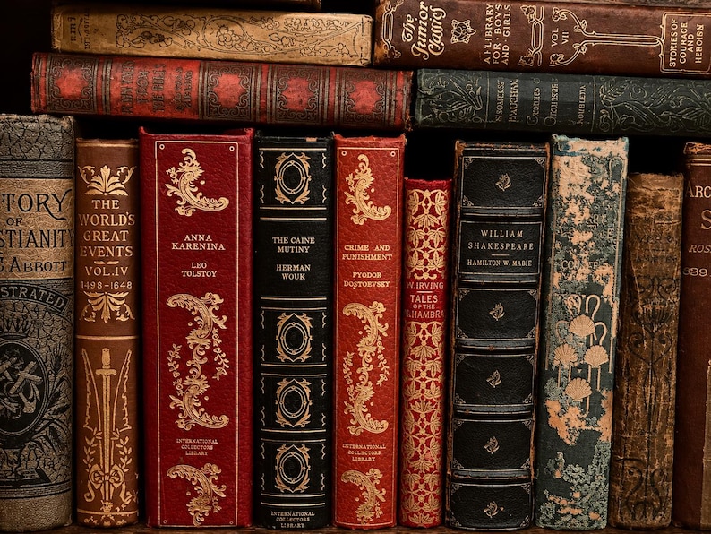 May include: A collection of antique books with various colors and designs. The spines display titles like "Anna Karenina" and "William Shakespeare." The books are arranged vertically, showcasing their aged covers and ornate details.