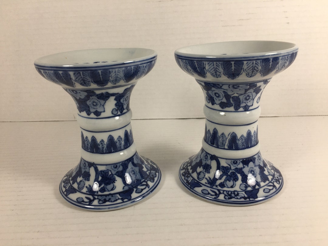 2 Andrea by Sadek Blue White Candle Holders Etsy