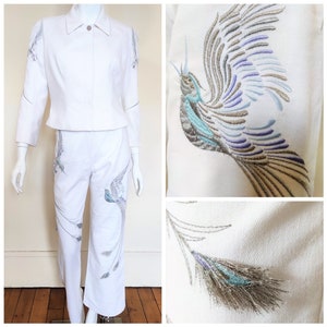 Thierry Mugler Pawie Ptaki Wieczorowa Suknia Wybiegowa Osa Pszczoła Couture Couturissime Vintage Lata 90. Średnie Spodnie Sukienka Zestaw Kostium Zespół Garnitur