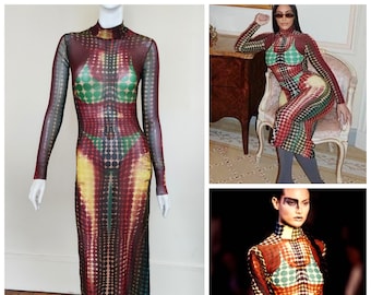 Iconic Jean Paul Gaultier Cyberdot 1995 F/W Runway Haute Couture Mad Max Vasarely Kim Kardashian Transparent Sheer Mesh Maxi Catsuit Dress