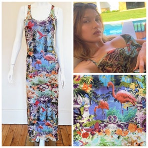 Jean Paul Gaultier Tropical Butterfly Bella Hadid Flamingo Floral Print Vintage 90s Maxi Long Mesh Sheer Tank Top Dress Robe image 1