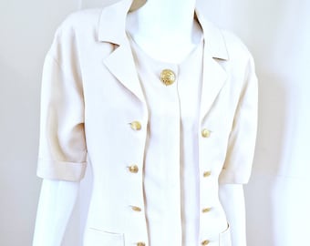 Gabrielle Chanel 100% Silk Coco GC Logo Elegant Evening Formal Gold Golden White Ivory Large Suit Dress